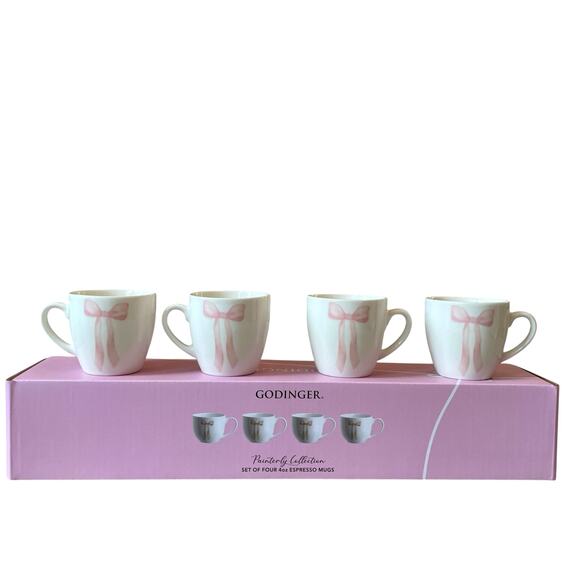 Godinger Pink Bow Ceramic Espresso Mug Set of 4 White New - Picture 1 of 16